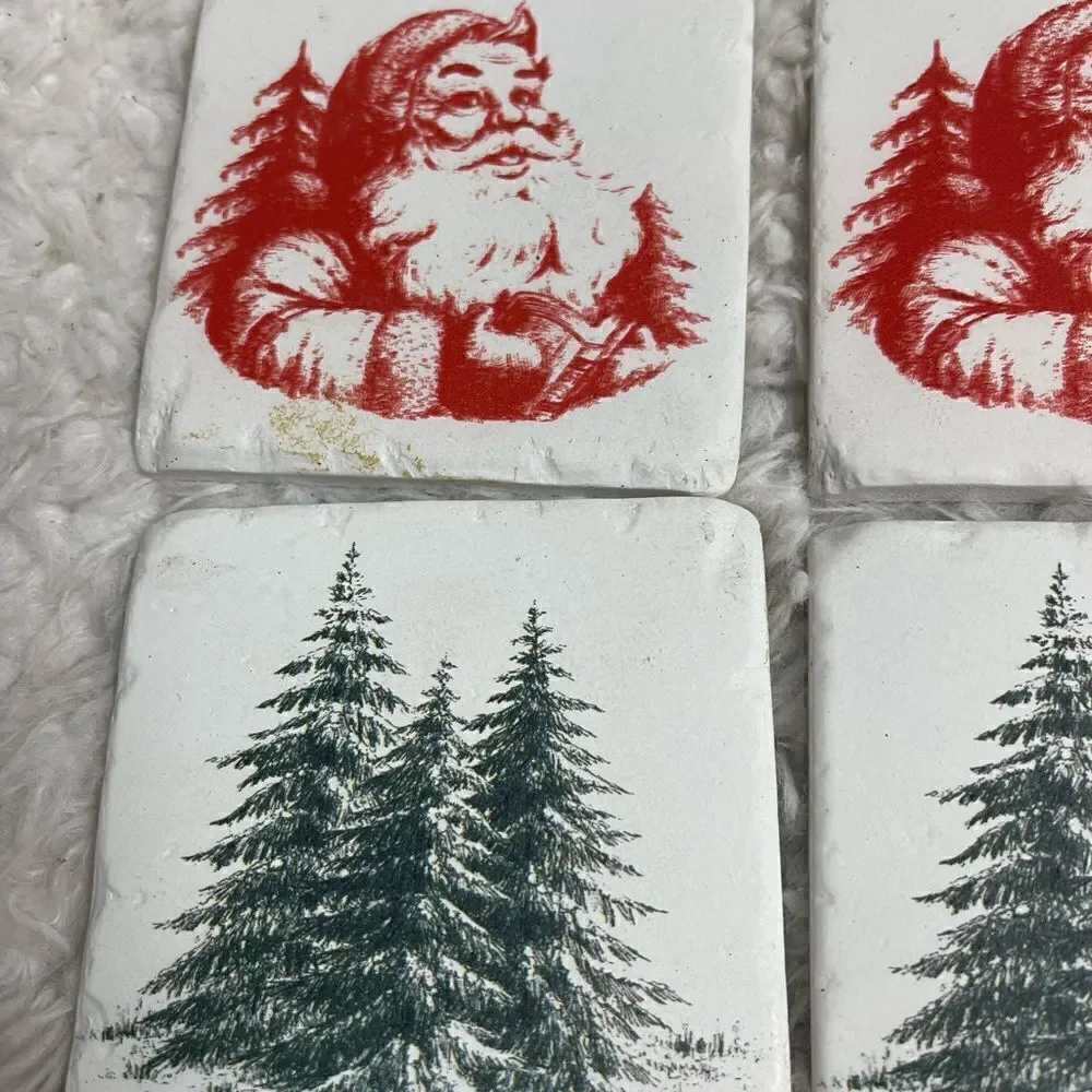Set of four Red Santa and Ever green tree Stone coasters